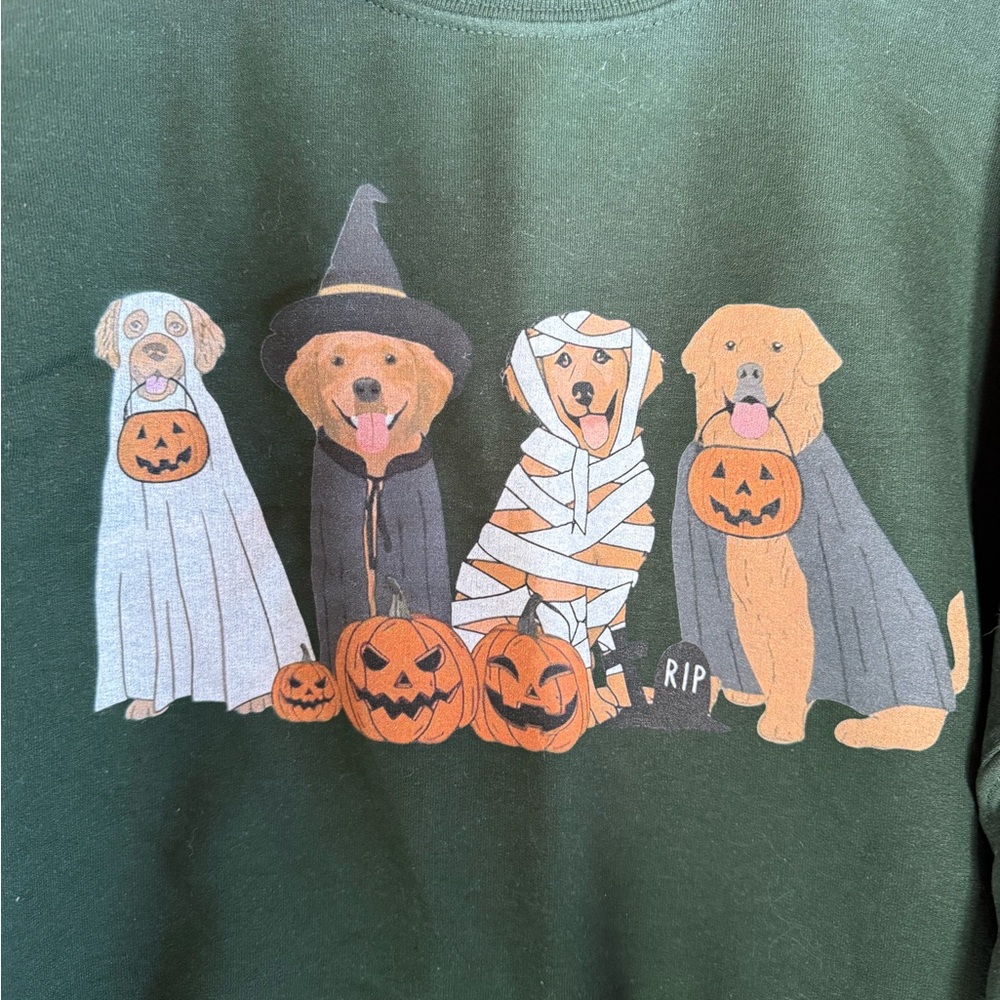 Gildan Green Crewneck Sweater with Halloween Dogs - Picture 2 of 3